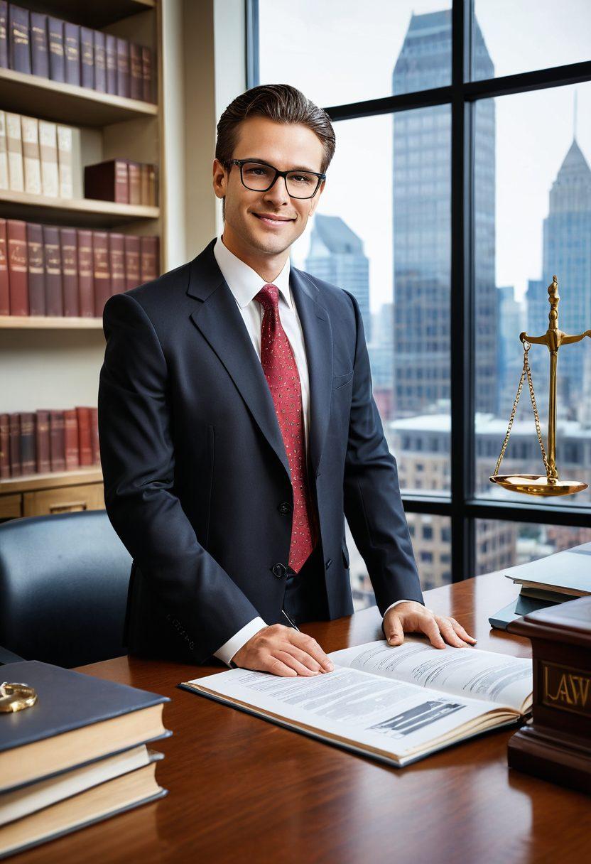 A sophisticated lawyer in an elegant office, surrounded by legal books, scales of justice, and documents. The lawyer is confidently guiding a client through legal paperwork, with a cityscape visible through the window to indicate a leading law firm. The atmosphere should exude professionalism and trust. super-realistic. vibrant colors. white background.