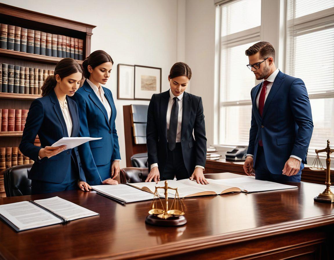 A group of professional attorneys in elegant suits, in a modern, well-lit office, deeply engaged in discussions and reviewing legal documents. Background shows stacks of law books and a scale of justice. Super-realistic, vibrant colors, white background.